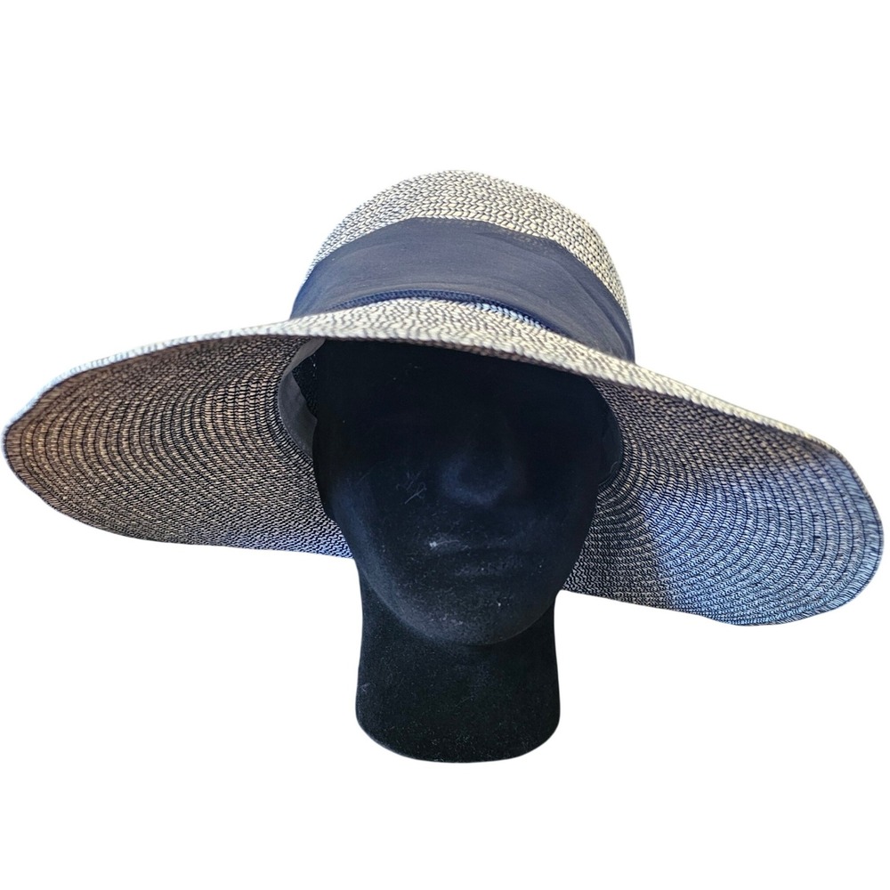 Laundry by Design Navy White Woven Wide Brim Sun Hat with Ribbon Bow OSFM